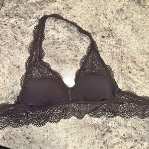 Aerie XS Lace Halter Bra Bralette Gray Padded Lined‎ Hook Closure